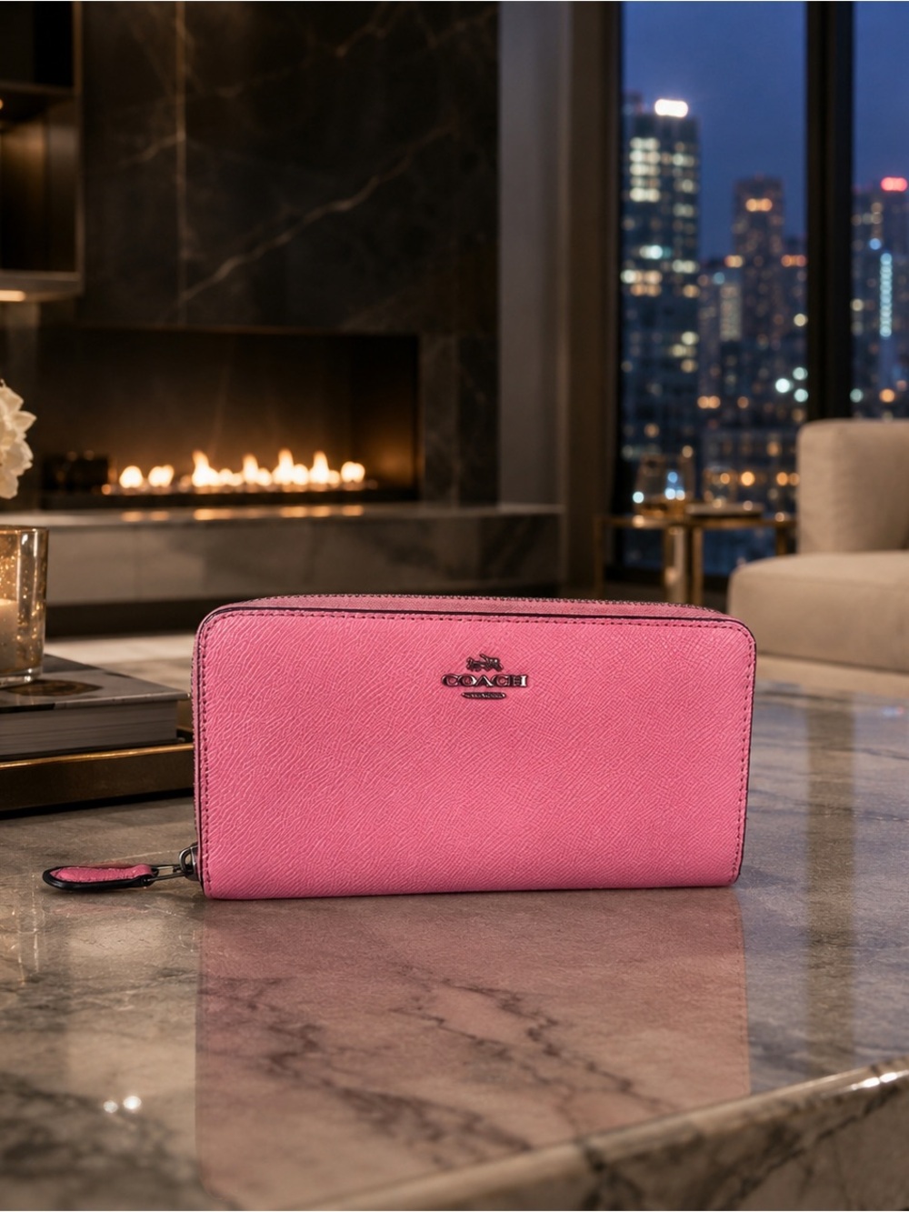 Coach Pink Zip-Around Leather Wallet with Gun Metal